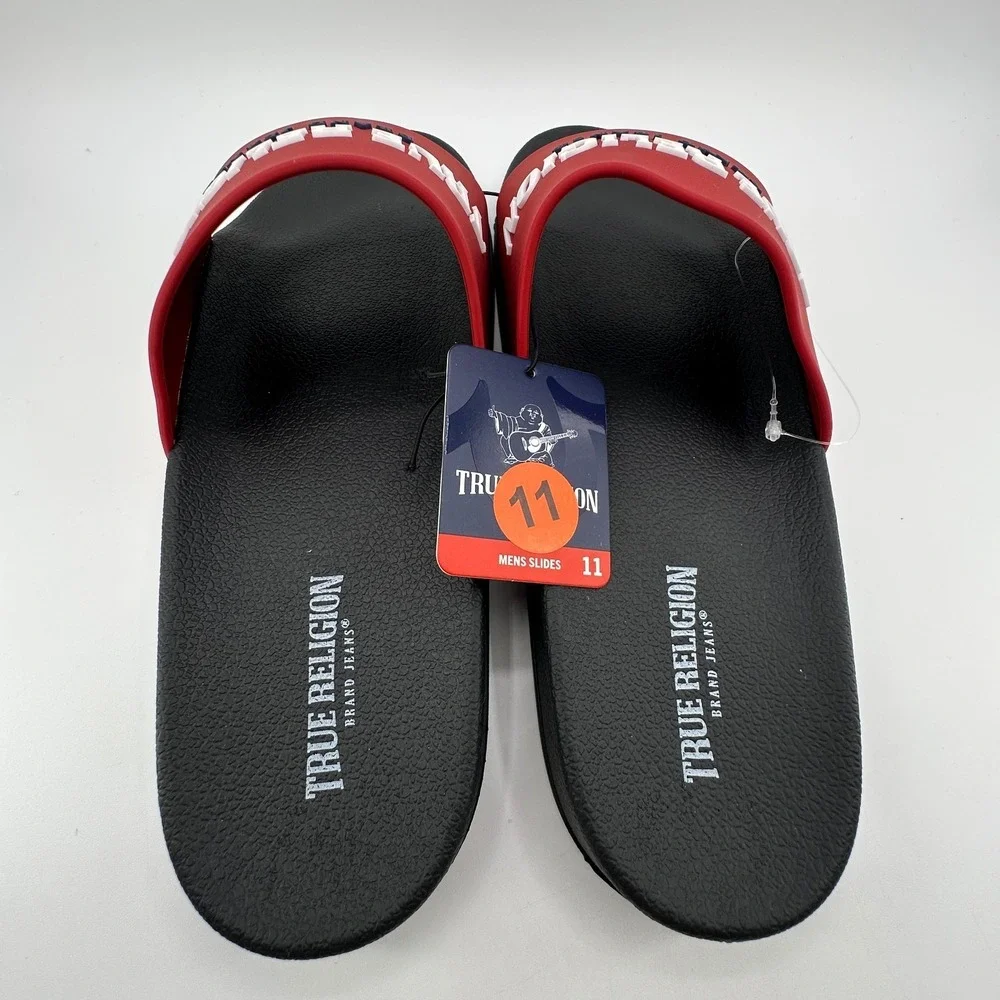 True Religion TR Weezy Slides Mens‎ Size 11 Red White Black Slip On Sandals NWT